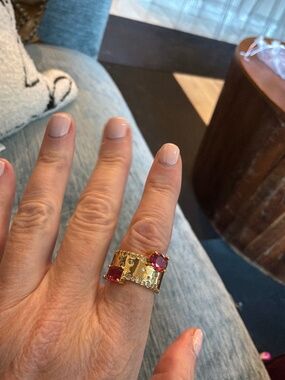 Two synthetic zircon pink stone ring in gold tone size 6.5